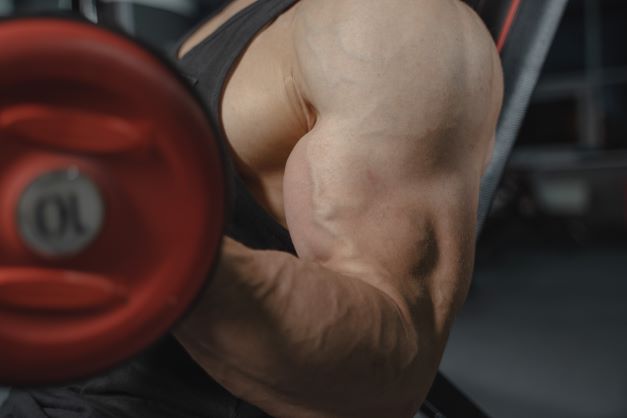 Detailní fotografie mužského bicepsu při kontrakci. Muž v ruce drží činku.